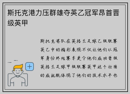 斯托克港力压群雄夺英乙冠军昂首晋级英甲
